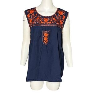 Sister Mary Amelia Embroidered Tunic Top Womens Size M Dark Blue Orange Bohemian